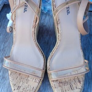 JustFab Beige and Clear Wedge Sandals